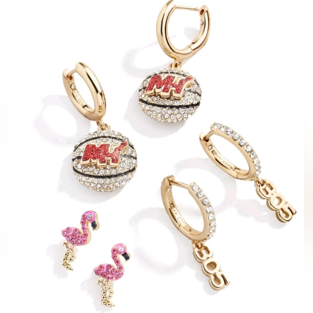 NEW BaubleBar Miami Heat NBA Licensed Logo Pave Earrings Set Basketball Flamingo